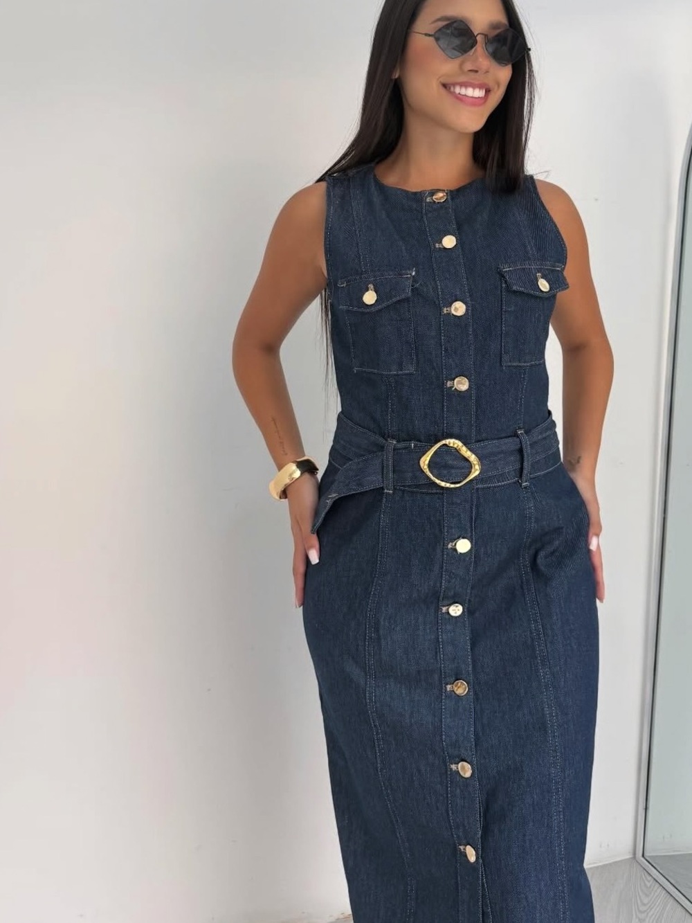 Zara Dark Indigo Denim Midi Dress with Gold Ring Belt - Picture 4 of 6